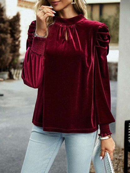 Women's gold velvet turtleneck bow puff sleeve shirt