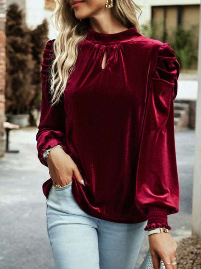 Women's gold velvet turtleneck bow puff sleeve shirt