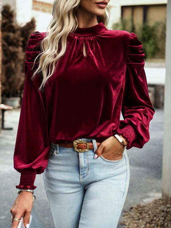 Women's gold velvet turtleneck bow puff sleeve shirt