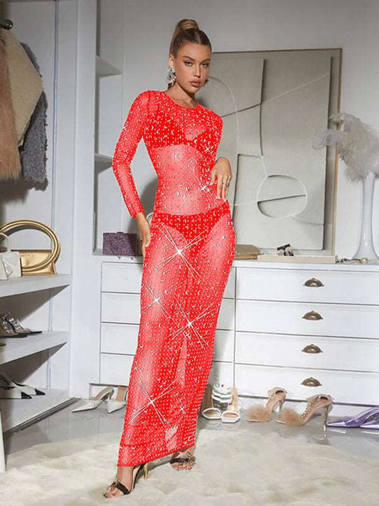 Fashion women's solid color mesh long sleeve long skirt dress