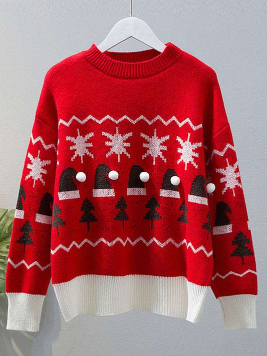 Christmas cute lazy style loose casual round neck pullover red sweater