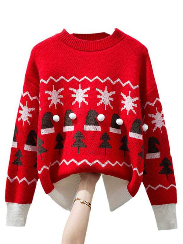 Christmas cute lazy style loose casual round neck pullover red sweater