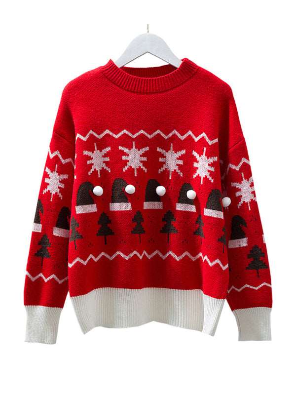 Christmas cute lazy style loose casual round neck pullover red sweater