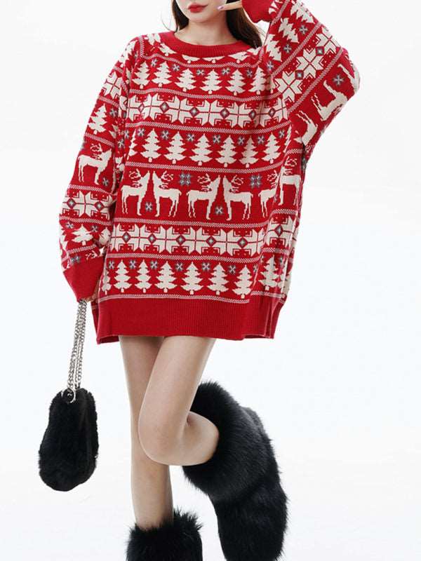 Christmas elk double layer contrast jacquard crew neck pullover sweater