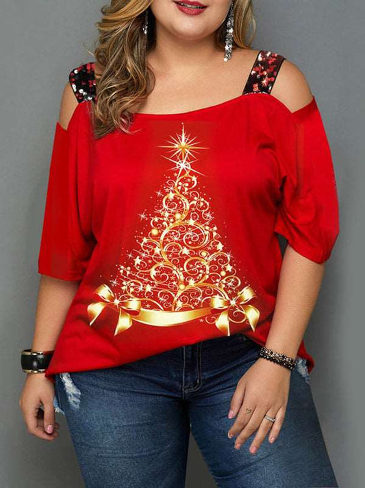 Christmas tree print off-shoulder loose short-sleeved plus size T-shirt top