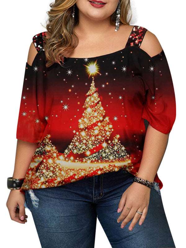 Christmas tree print off-shoulder loose short-sleeved plus size T-shirt top