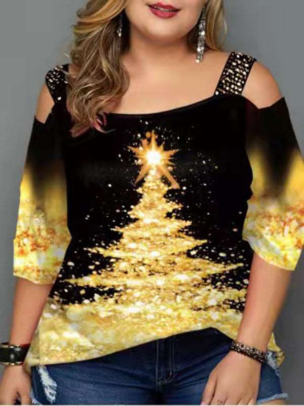 Christmas tree print off-shoulder loose short-sleeved plus size T-shirt top