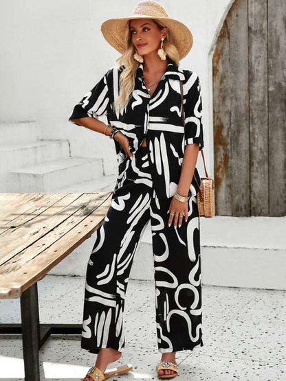 New women's casual fashion printed lapel short-sleeved shirt and trousers vacation suit