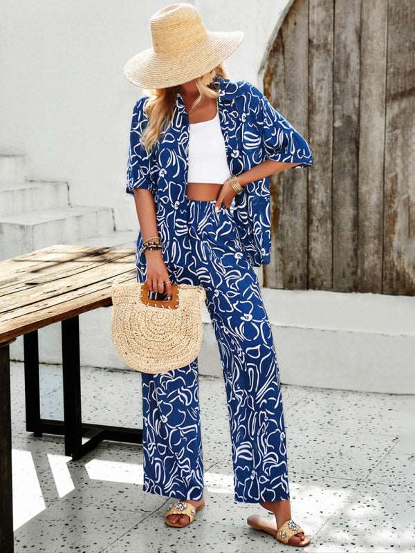 New women's casual fashion printed lapel short-sleeved shirt and trousers vacation suit