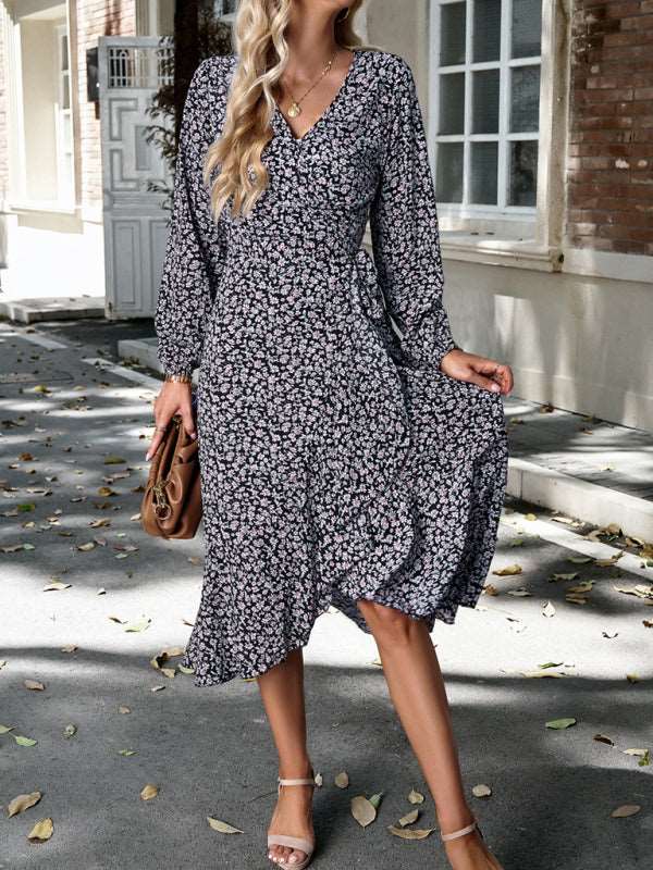 Floral wrap casual resort style strappy full skirt dress