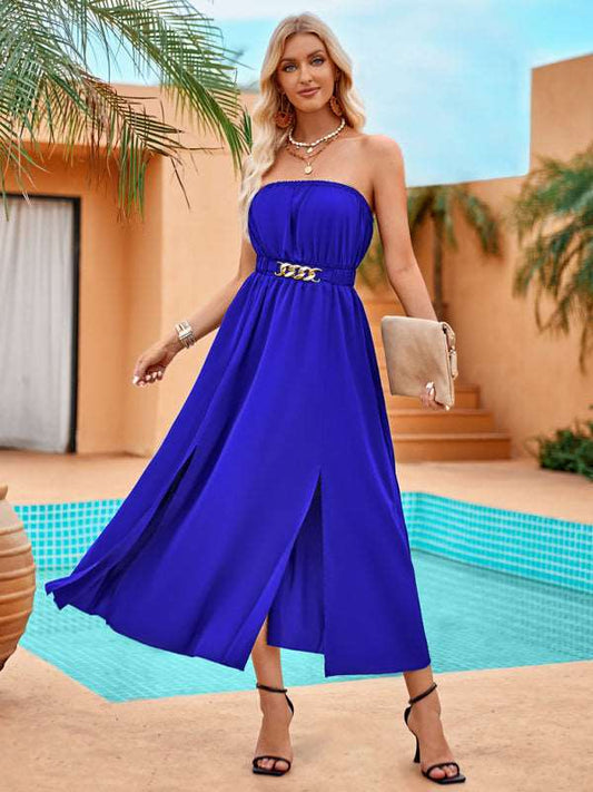 Solid color bandeau waist trendy long dress