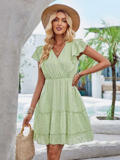 Women's short-sleeved crossover V-neck waist casual dress