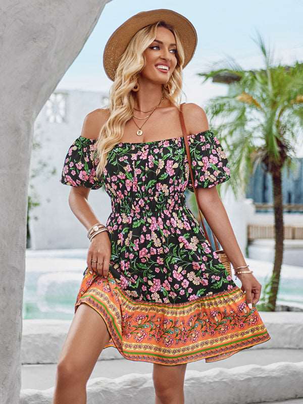 Bohemian beach one-shoulder printed dress