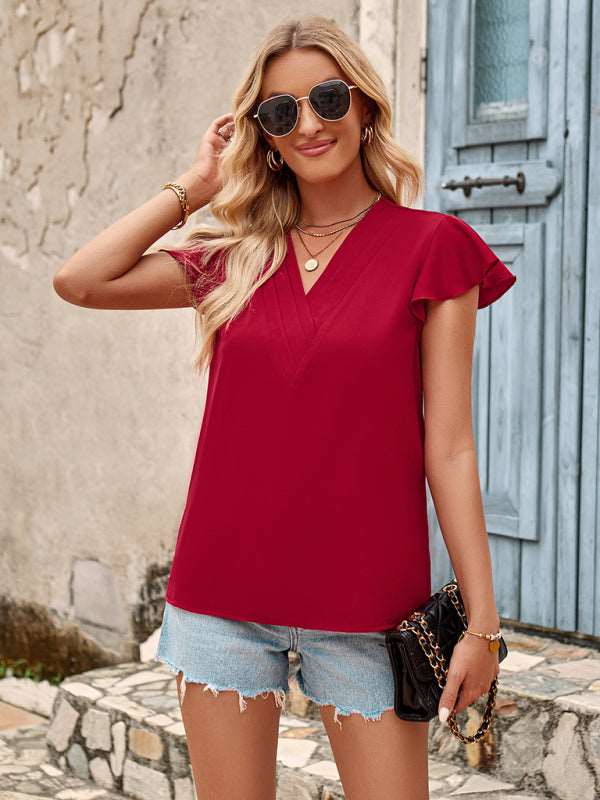 Solid color V-neck short-sleeved slim fit women's top