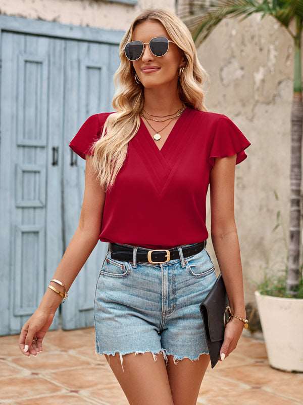 Solid color V-neck short-sleeved slim fit women's top