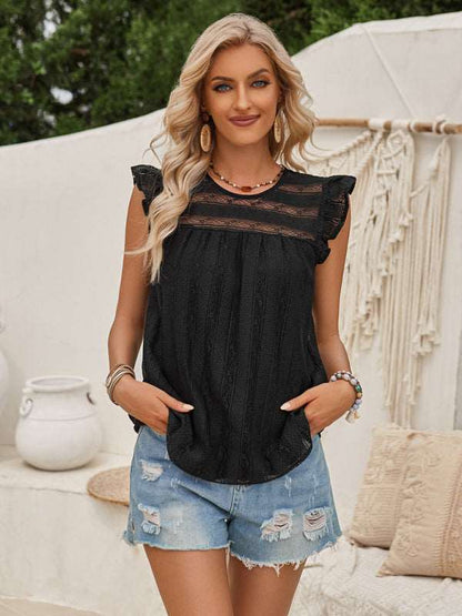 Casual solid color lace slim fit small flying sleeve top