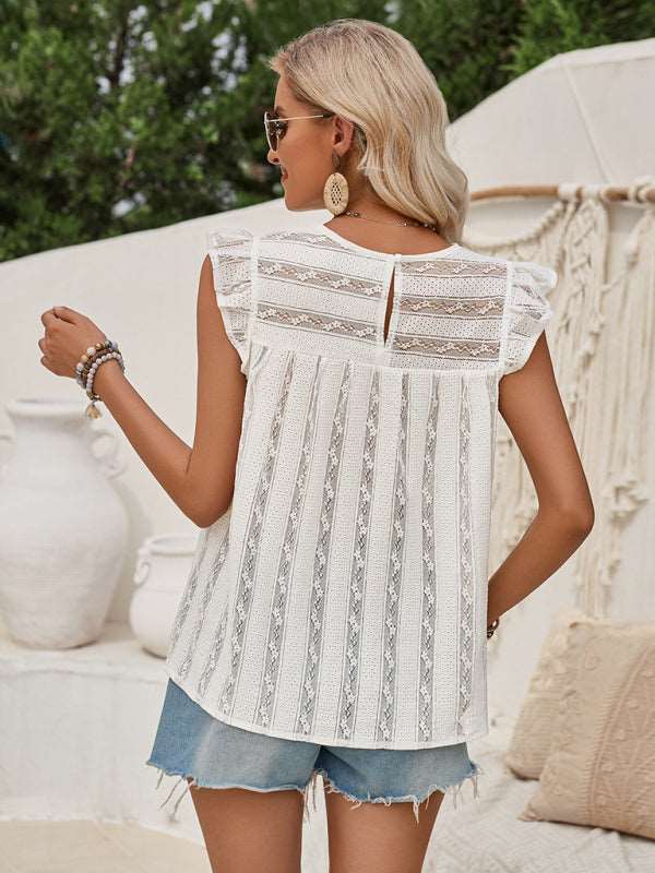 Casual solid color lace slim fit small flying sleeve top