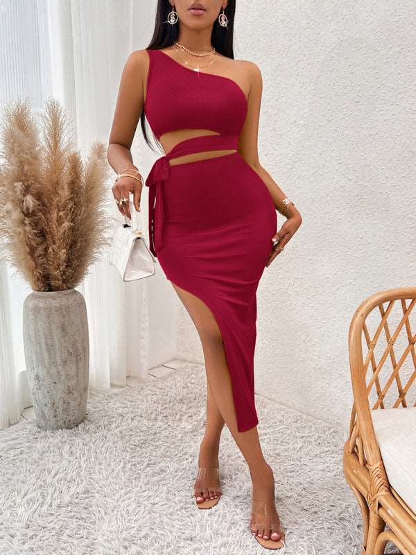 Casual solid color slope neck tied waist knitted hip dress