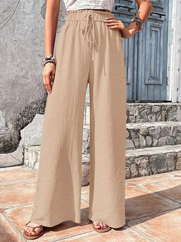 Elastic waist puff plaid casual wide leg pants