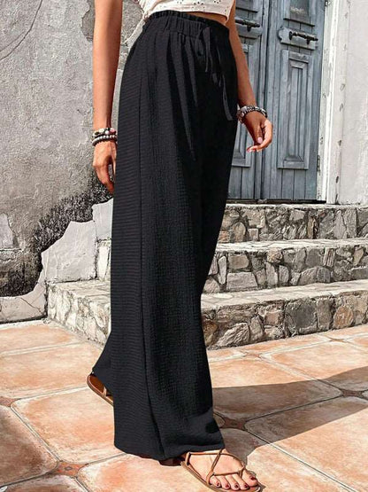 Elastic waist puff plaid casual wide leg pants