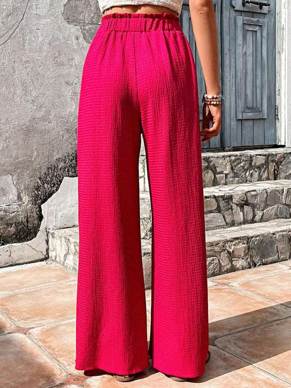 Elastic waist puff plaid casual wide leg pants