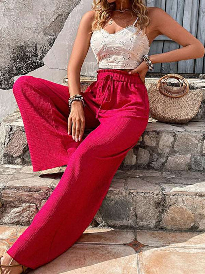 Elastic waist puff plaid casual wide leg pants