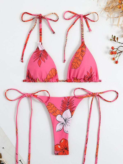 Feminine printed high-waisted strappy two-piece bikini