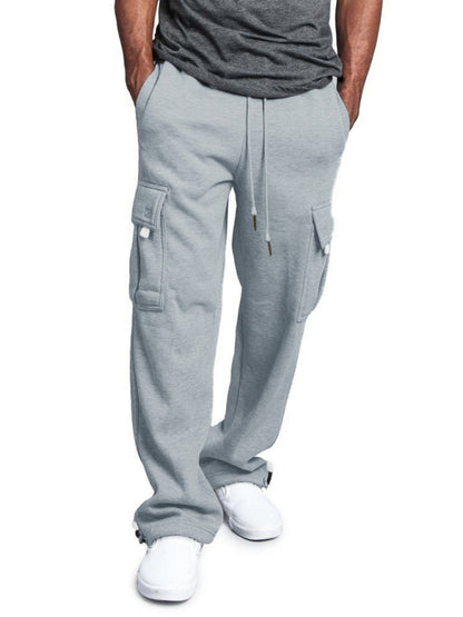 Men's Solid color elastic waist multi-pocket cargo pants