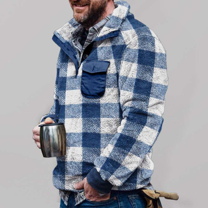 Men's Plaid Print Fleece Quarter Button Pullover