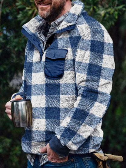 Men's Plaid Print Fleece Quarter Button Pullover