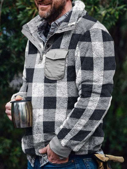 Men's Plaid Print Fleece Quarter Button Pullover