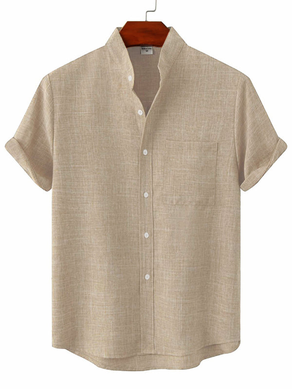 Men's casual short-sleeved solid color cotton linen men's shirt