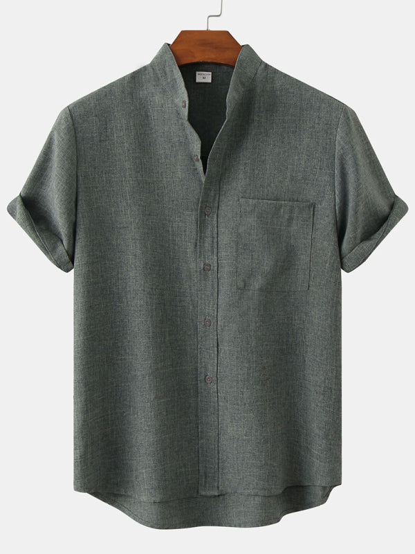 Men's casual short-sleeved solid color cotton linen men's shirt