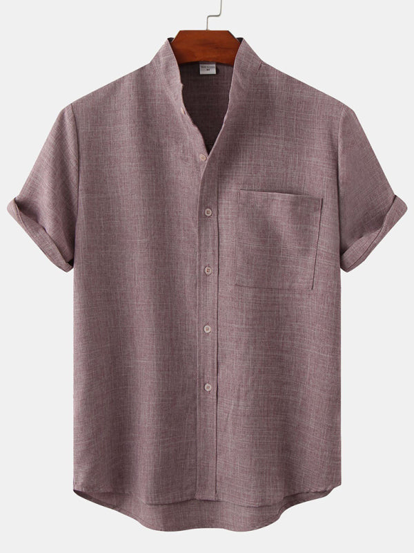 Men's casual short-sleeved solid color cotton linen men's shirt