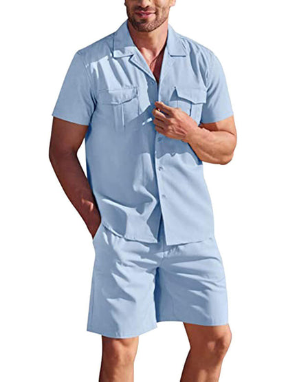 Men's Short-sleeved Shirt Set Casual Cotton Linen Cardigan Shirt + Shorts