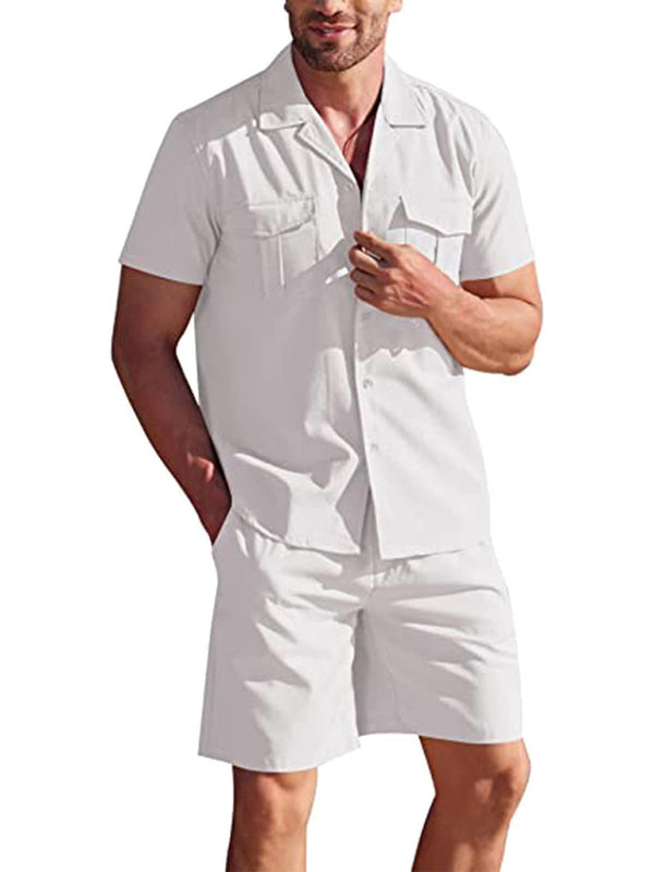 Men's Short-sleeved Shirt Set Casual Cotton Linen Cardigan Shirt + Shorts