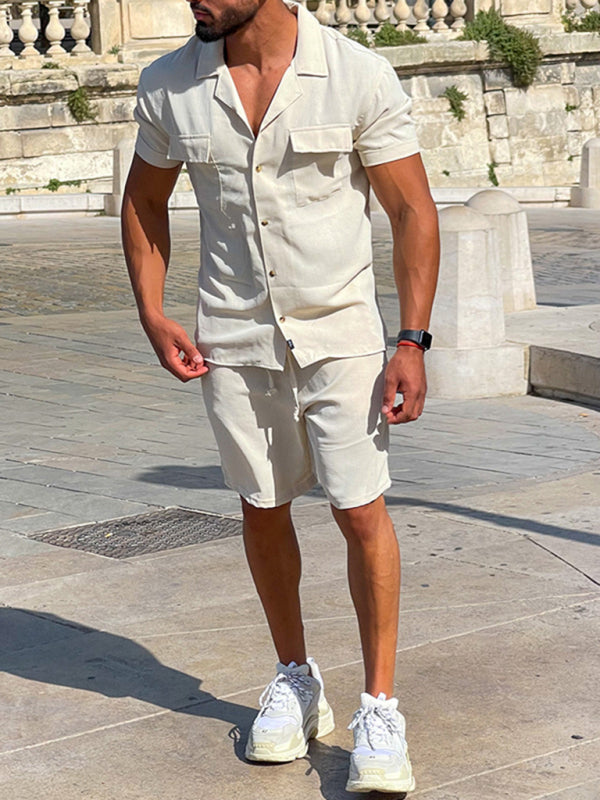 Men's wide short-sleeved men's pants top shirt two-piece set