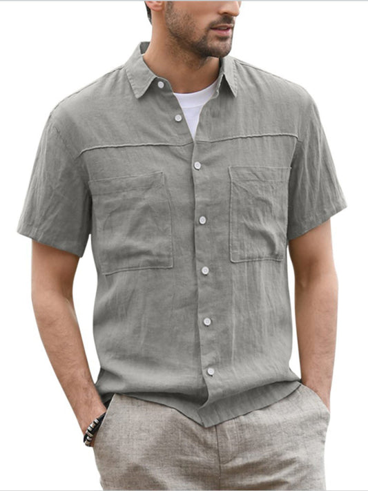 Men'sButton Down Shirt Cotton Linen Short Sleeve Pocket Wide Collar Shirt