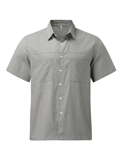 Men'sButton Down Shirt Cotton Linen Short Sleeve Pocket Wide Collar Shirt