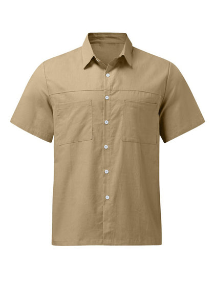 Men'sButton Down Shirt Cotton Linen Short Sleeve Pocket Wide Collar Shirt