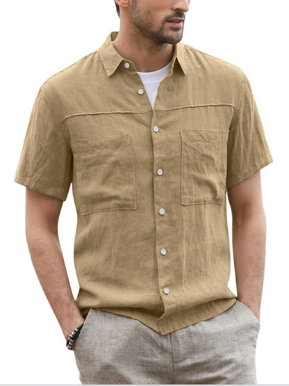 Men'sButton Down Shirt Cotton Linen Short Sleeve Pocket Wide Collar Shirt