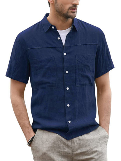 Men'sButton Down Shirt Cotton Linen Short Sleeve Pocket Wide Collar Shirt