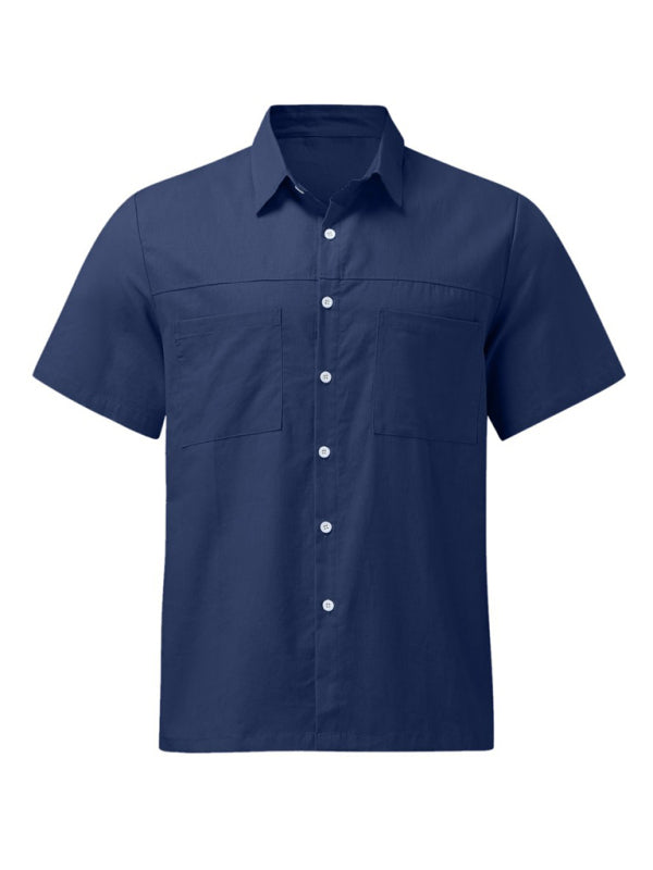 Men'sButton Down Shirt Cotton Linen Short Sleeve Pocket Wide Collar Shirt