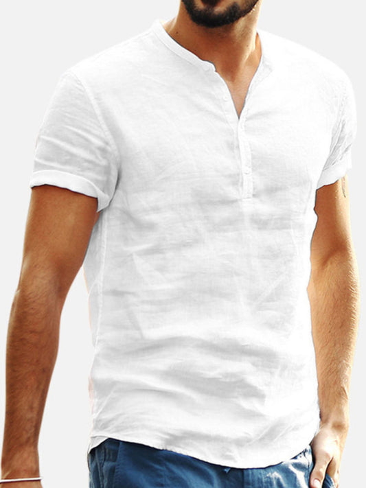 Men's Stand Collar Short Sleeve V Neck Cotton Linen Shirt