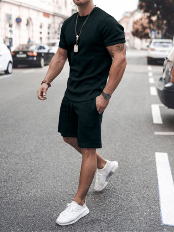 Men's Casual Solid Color Short Sleeve Shorts Two-Piece Set