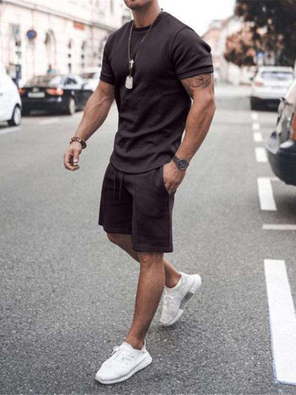 Men's Casual Solid Color Short Sleeve Shorts Two-Piece Set