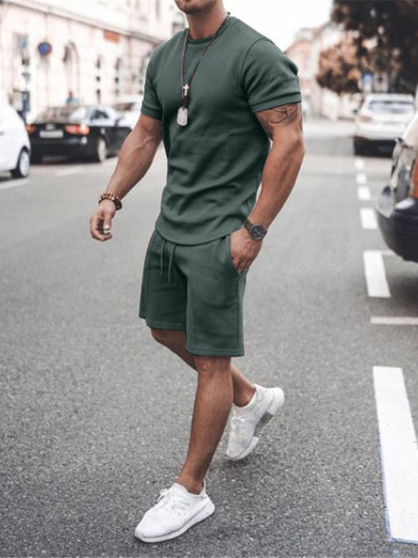 Men's Casual Solid Color Short Sleeve Shorts Two-Piece Set