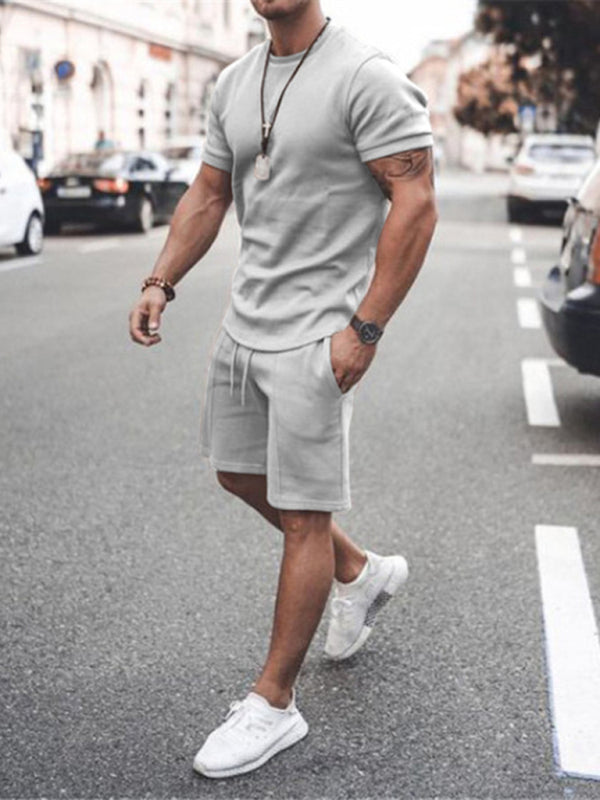 Men's Casual Solid Color Short Sleeve Shorts Two-Piece Set