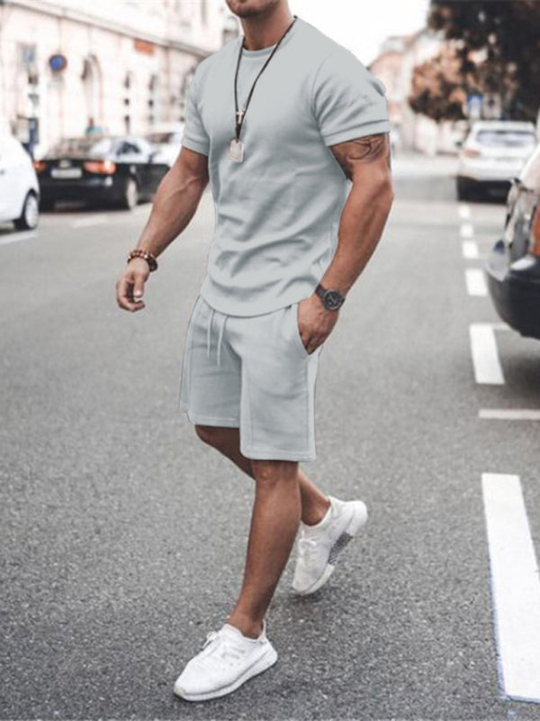 Men's Casual Solid Color Short Sleeve Shorts Two-Piece Set