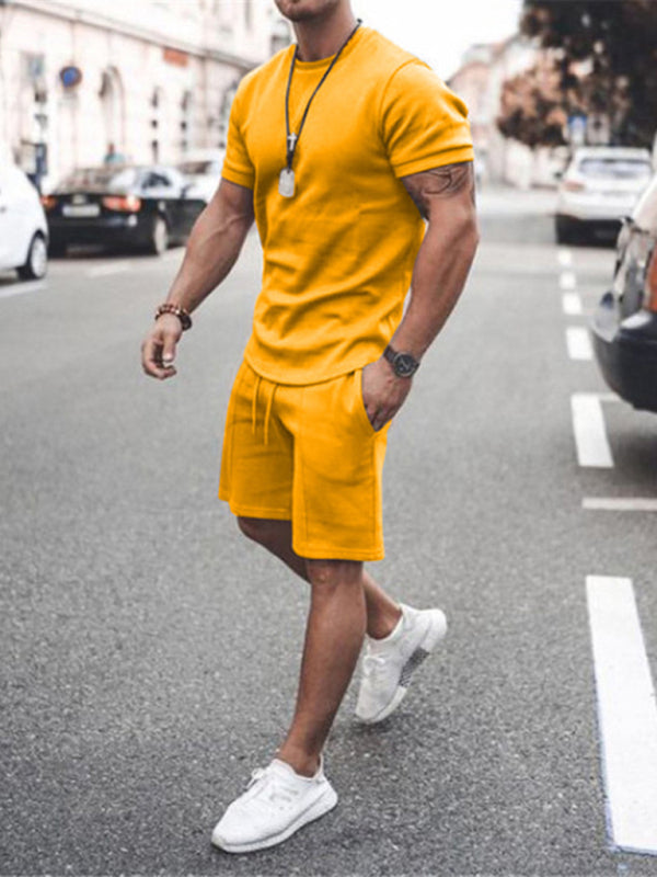 Men's Casual Solid Color Short Sleeve Shorts Two-Piece Set